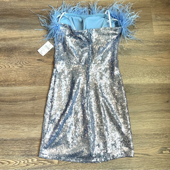 Windsor Baby Blue Sequin Dress with Feather Trim - Picture 3 of 5